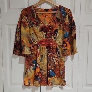 Piano Abstract Print V-Neck Blouse – Size M – Beaded Waist, Flowy Sleeve Top